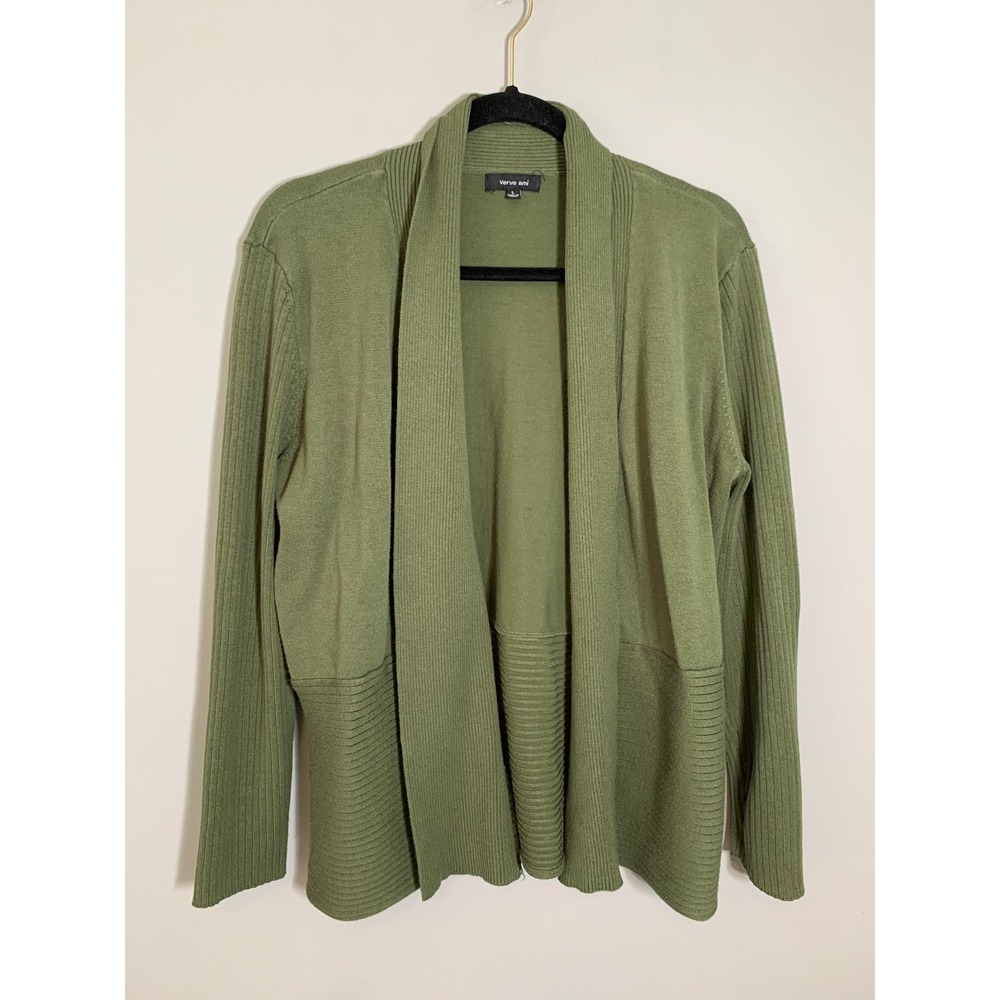 Verve Ami Cardigan Women Large Green Ribbed Shawl Collar Open Front Long Sleeve